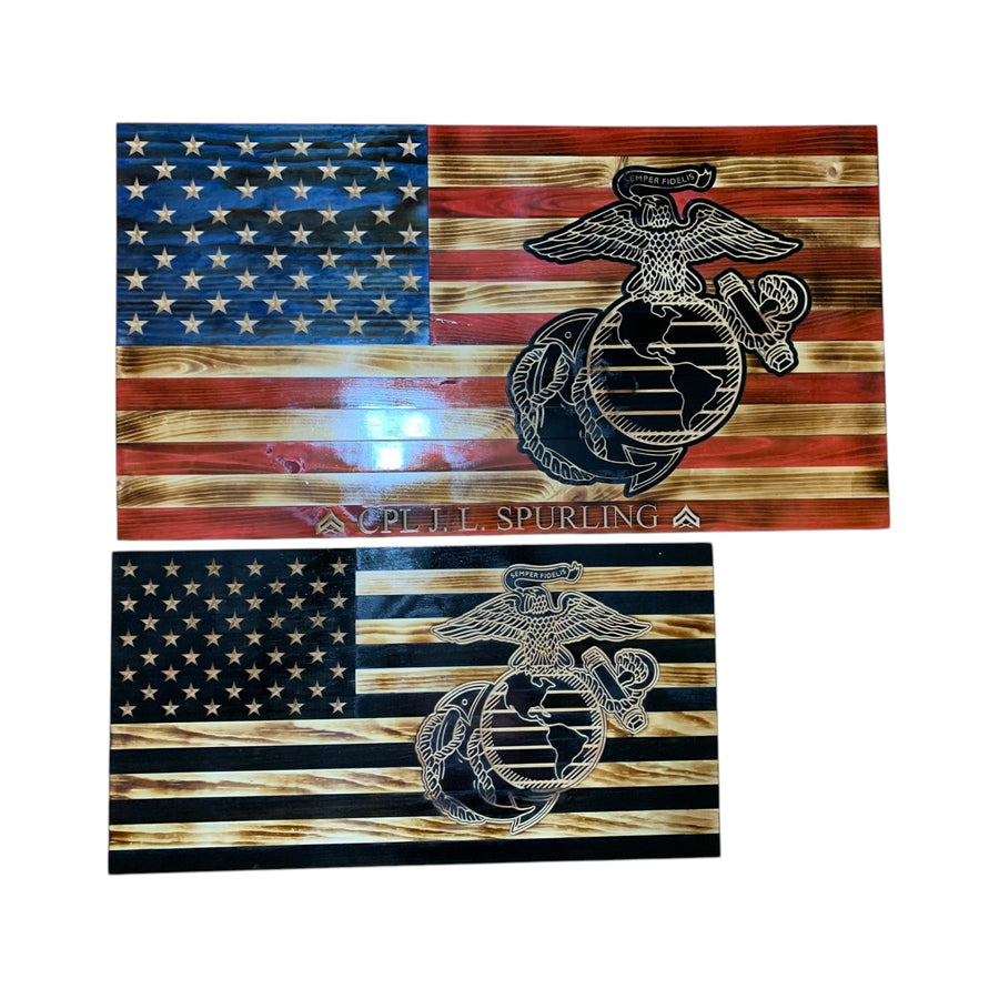 Marine Corps wooden American flag with personalized name and service details