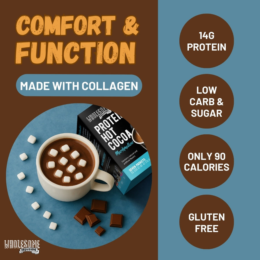 Marshmallow Protein Hot Chocolate: box and mug feature graphic.