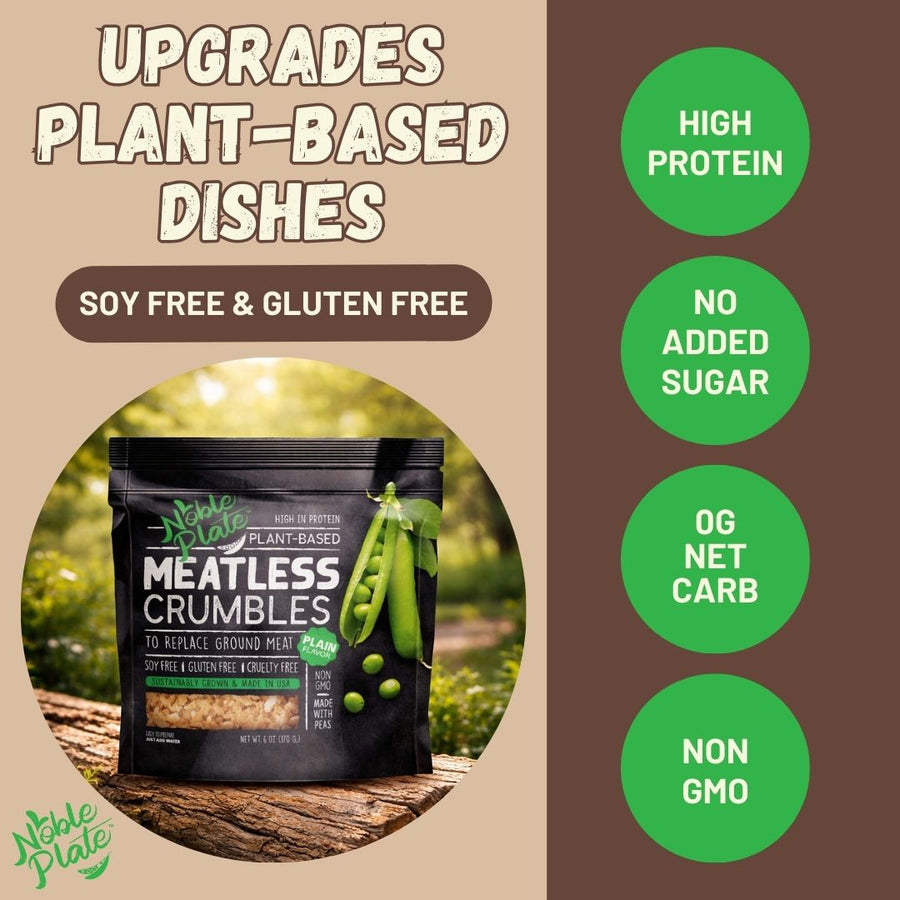Noble Plate Pea Protein Meatless Crumbles: pouch with feature graphic.