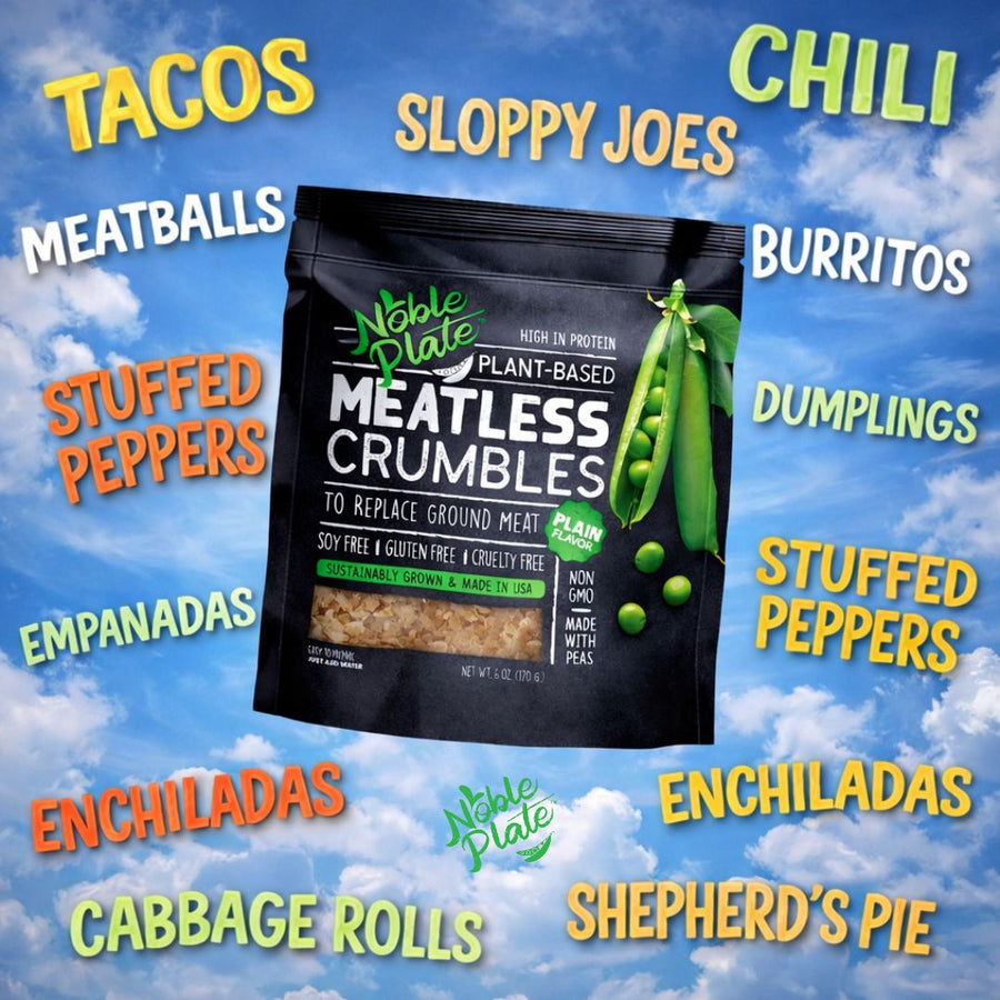 Noble Plate Pea Protein Meatless Crumbles: pouch surrounded by cooking ideas.