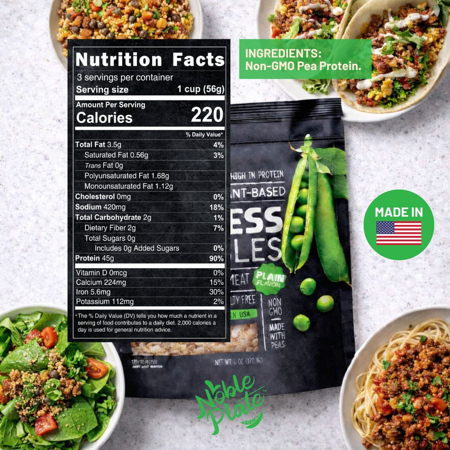 Noble Plate Pea Protein Meatless Crumbles: Nutrition Facts and ingredient graphic.