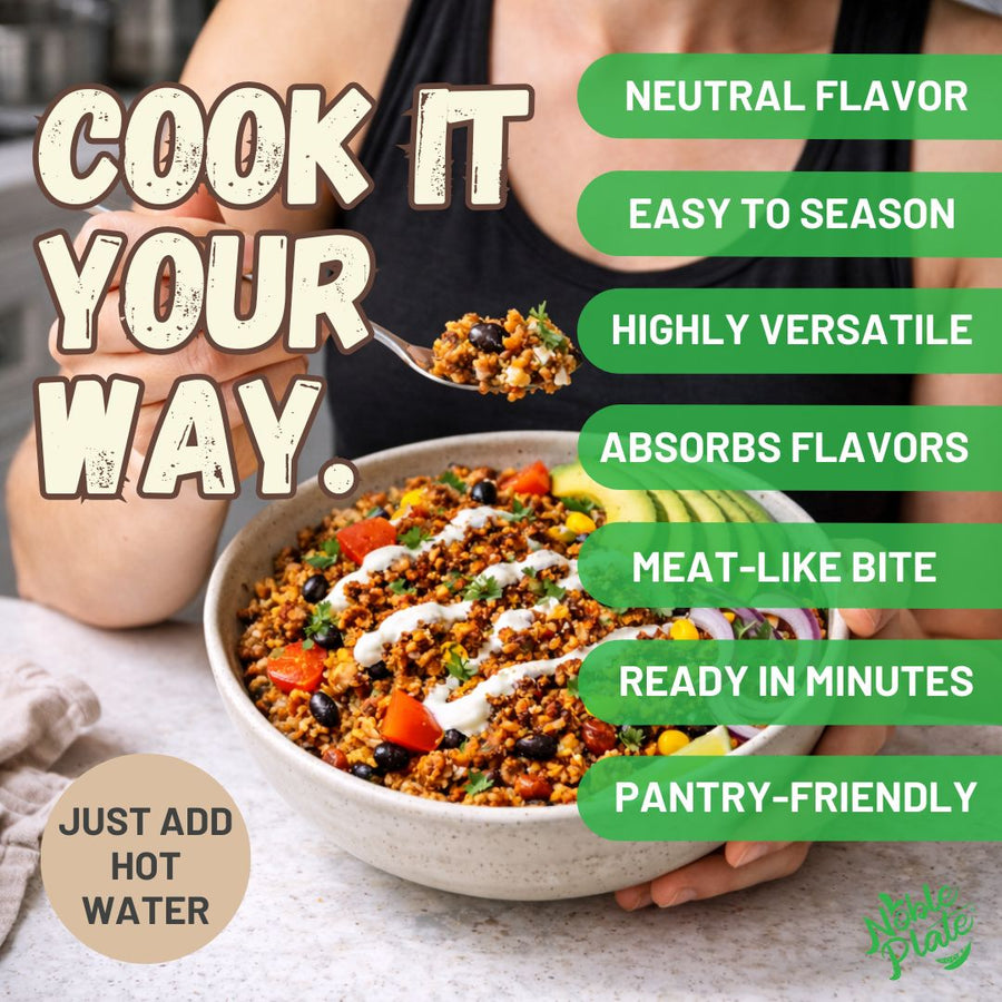 Noble Plate Pea Protein Meatless Crumbles: person seasoning a prepared dish.