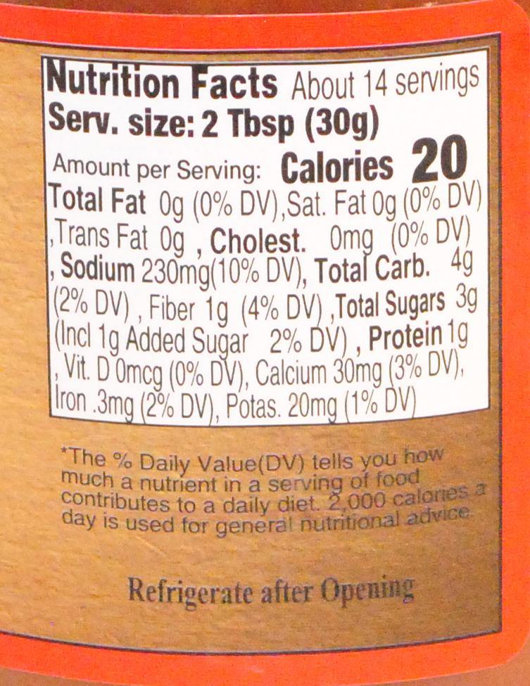Nutrition facts label for Medium Salsa