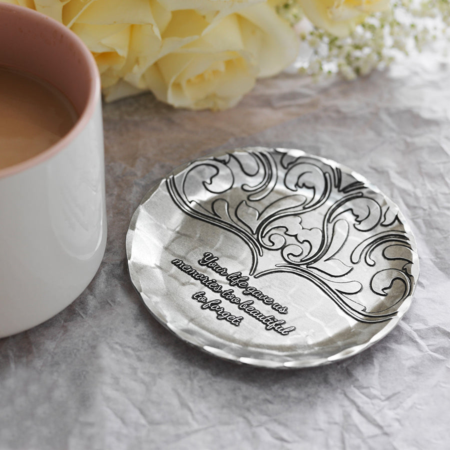 Styled display featuring Beautiful Memories Coaster
