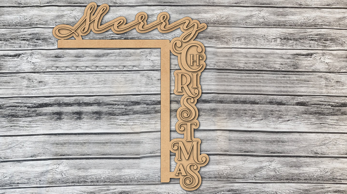 Unfinished Merry Christmas script decoration for a door-frame corner