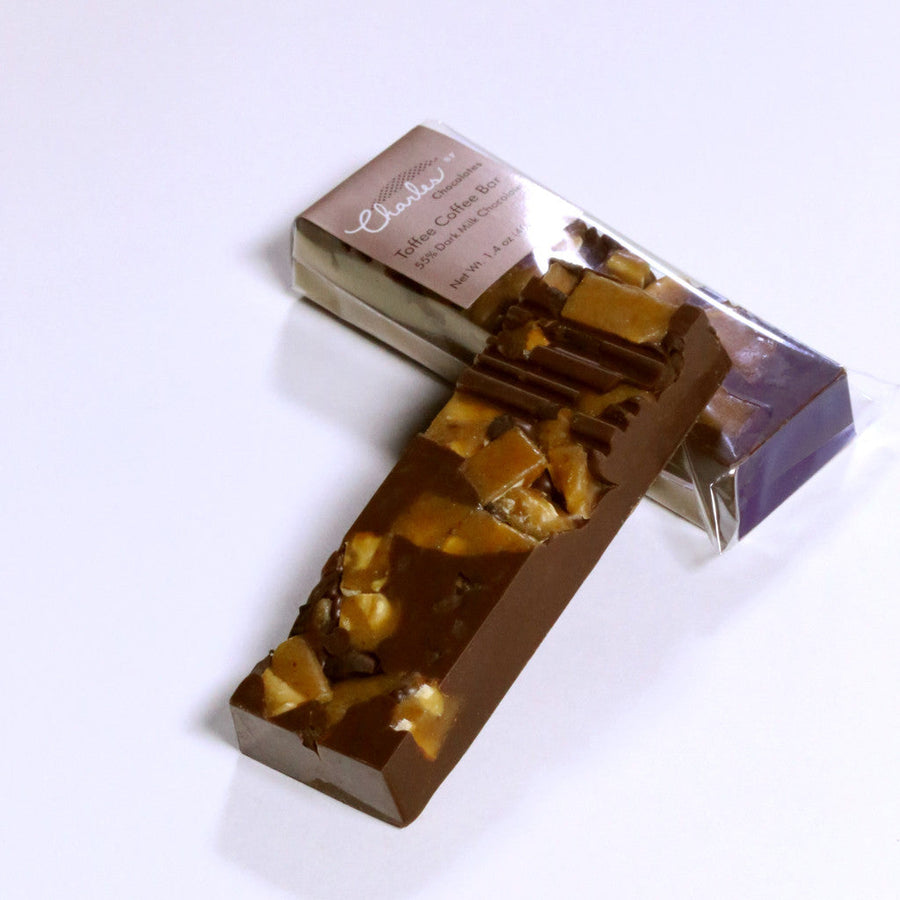 Mini Toffee Coffee Milk Chocolate Bar displayed with opened packaging