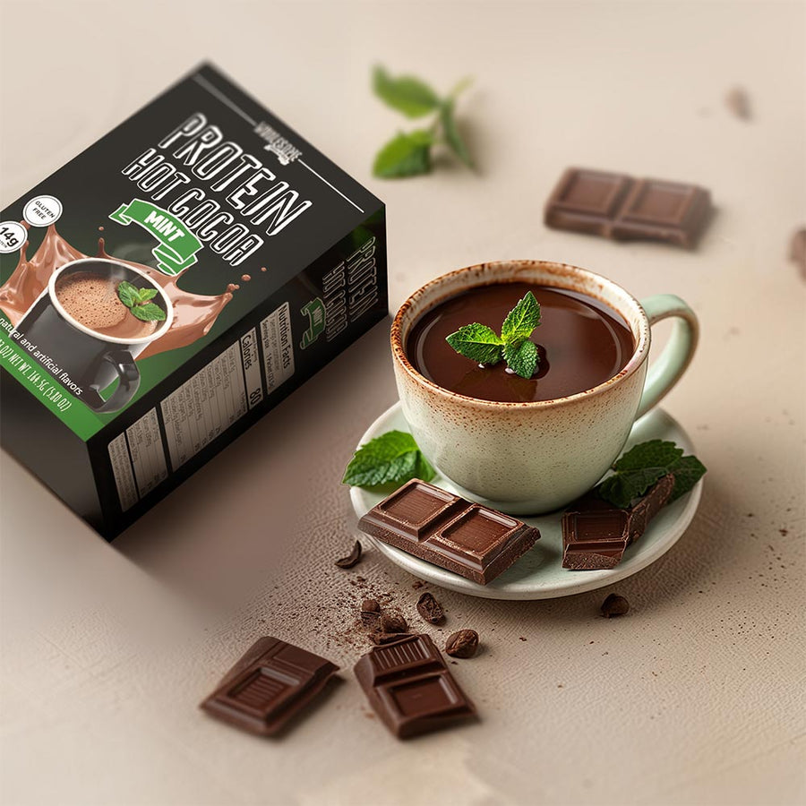 Mint Protein Hot Chocolate: box with cup of cocoa and mint.