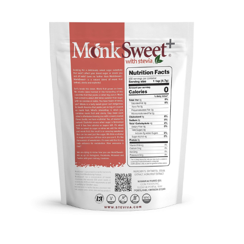 MonkSweet+ Monk Fruit, Stevia & Erythritol Sweetener: pouch back with Nutrition Facts panel.