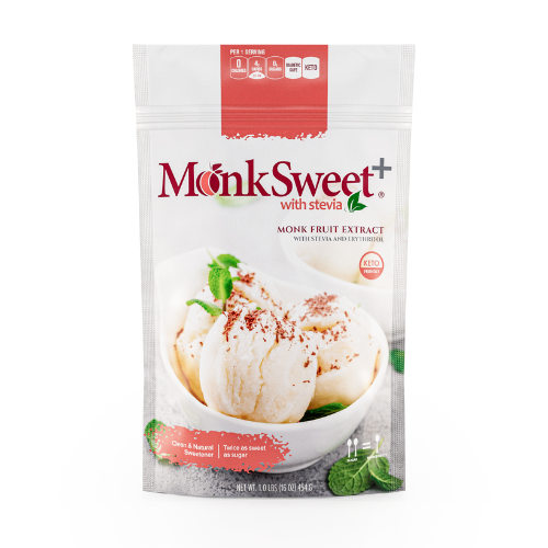 MonkSweet+ Monk Fruit, Stevia & Erythritol Sweetener: MonkSweet+ pouch front.