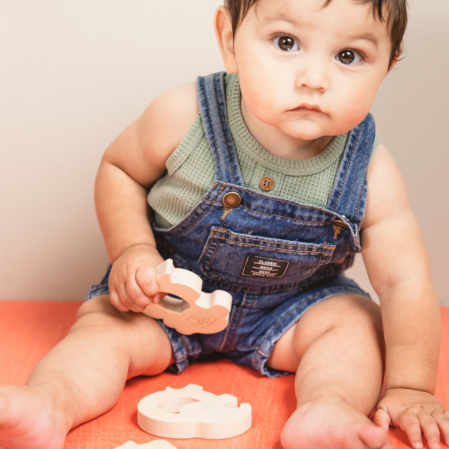 Baby holding a wooden animal-shaped teether