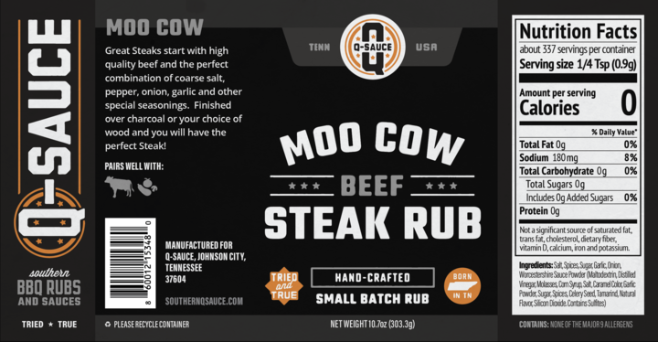 Moo Cow steak rub label showing ingredients and Nutrition Facts