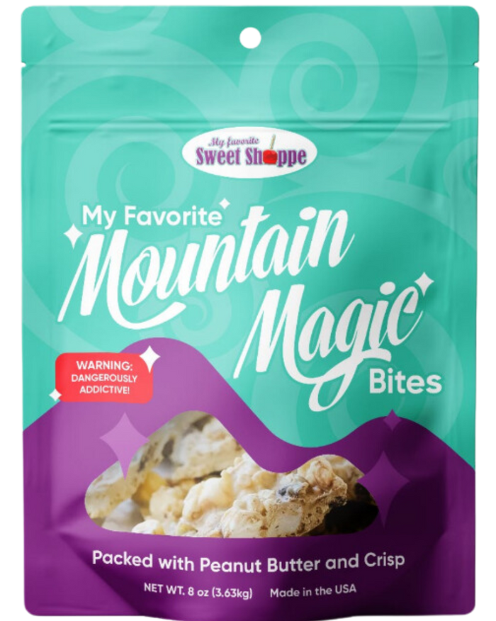 Turquoise and purple Mountain Magic Bites pouch with a window showing the pieces