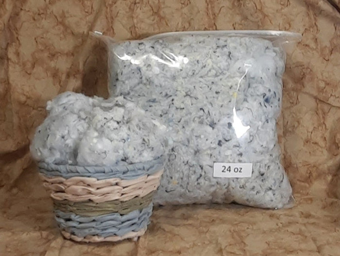 Recycled Fiber & Foam Mix Stuffing, packaged craft filling beside loose stuffing in a display basket