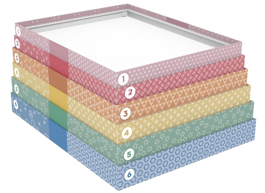 Six numbered puzzle sorting trays nested together
