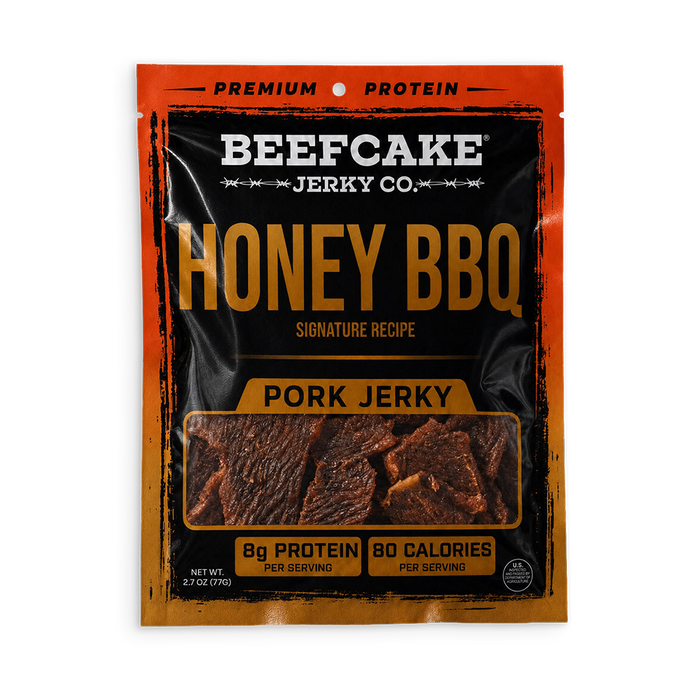 Honey BBQ Pork Jerky in the current black and orange 2.7 oz package with a clear jerky window