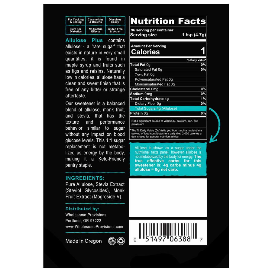 Allulose Plus Granulated Sweetener: ingredient and Nutrition Facts panel.