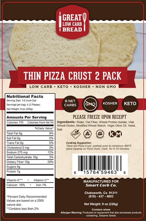 Low Carb Thin Pizza Crusts: package label with ingredients and nutrition.