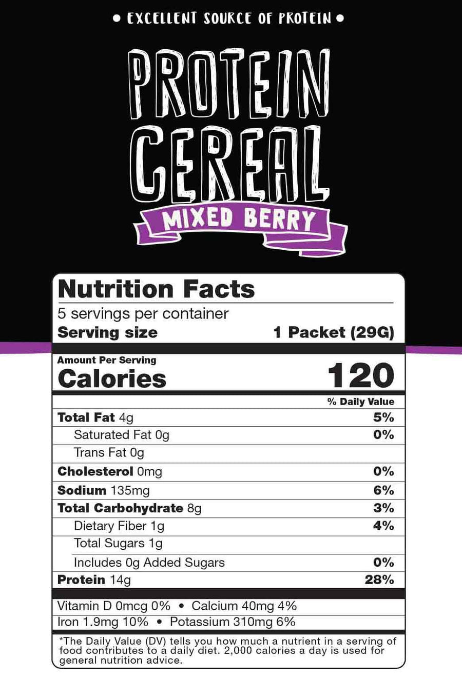 Mixed Berry Protein Cereal: Nutrition Facts panel.