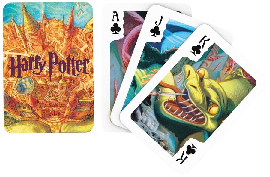 Illustrated faces and backs of harry potter beasts playing cards