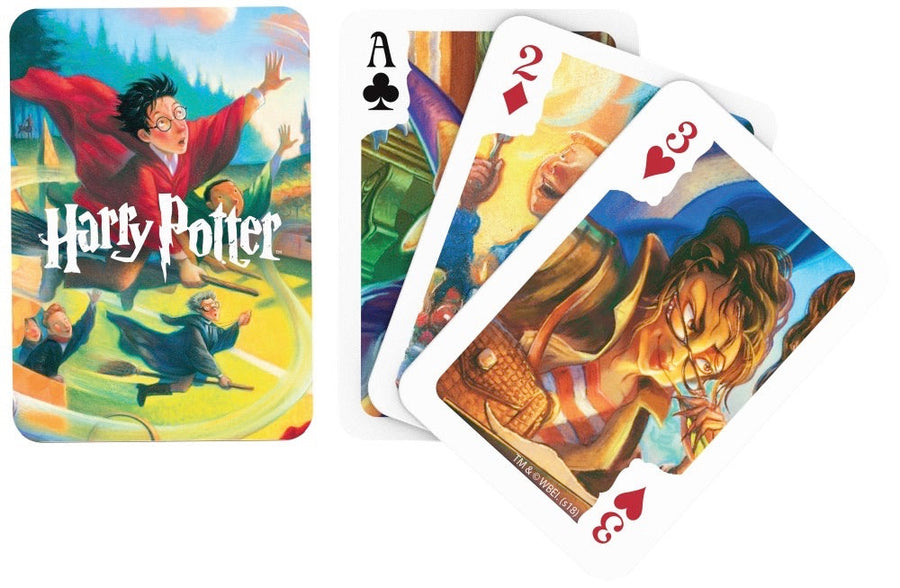 Illustrated faces and backs of harry potter characters playing cards