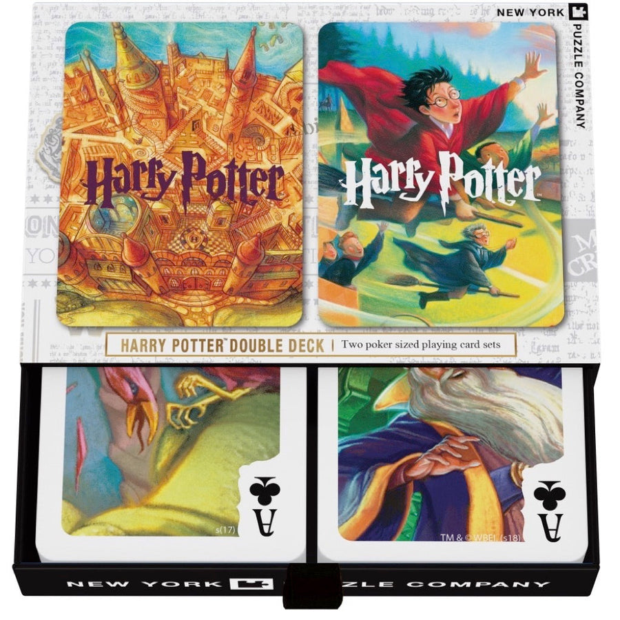 Harry Potter Double Deck Playing Cards packaging with example cards