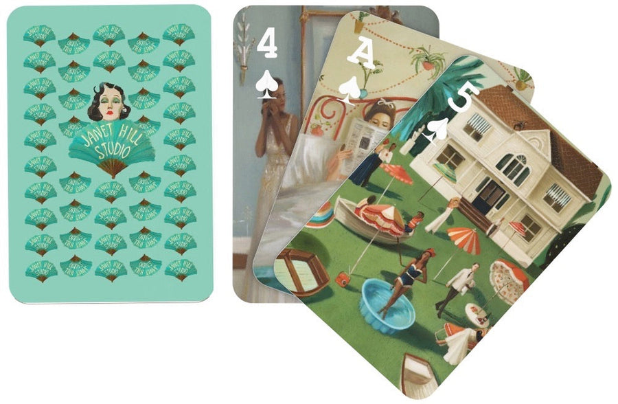 Illustrated faces and backs of janet hill playing cards