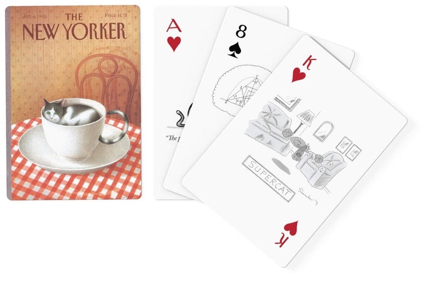 Illustrated faces and backs of cat cartoons playing cards