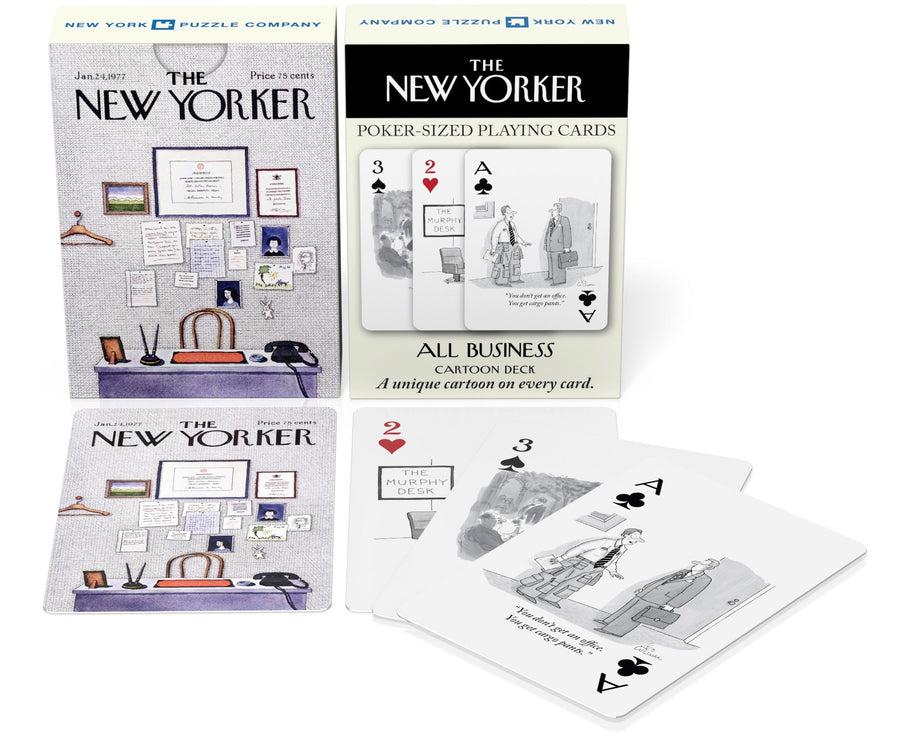 Business and Office Cartoons Playing Cards packaging with example cards