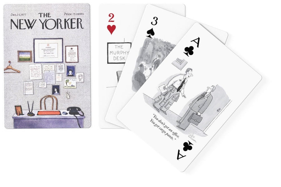 Illustrated faces and backs of business and office cartoons playing cards