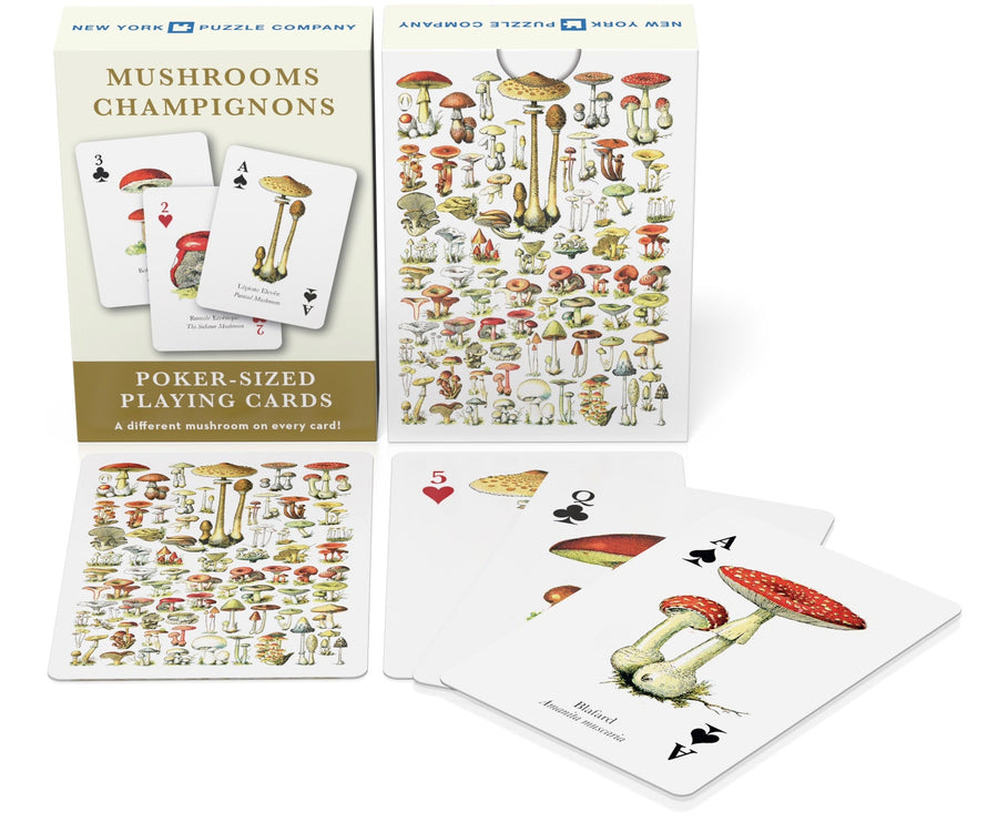 Mushroom Playing Cards packaging with example cards