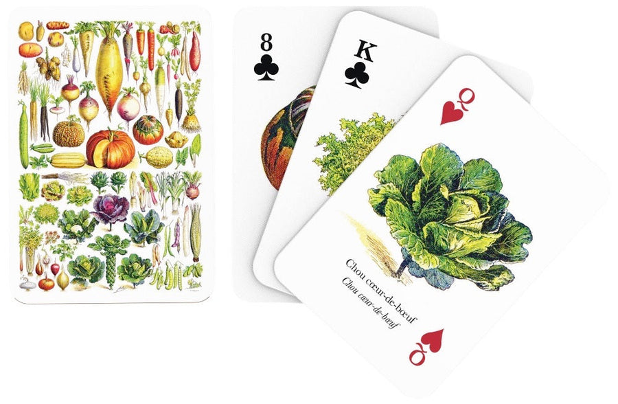 Illustrated faces and backs of vegetable playing cards