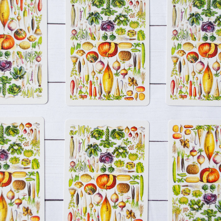Vintage vegetable illustrations on playing cards