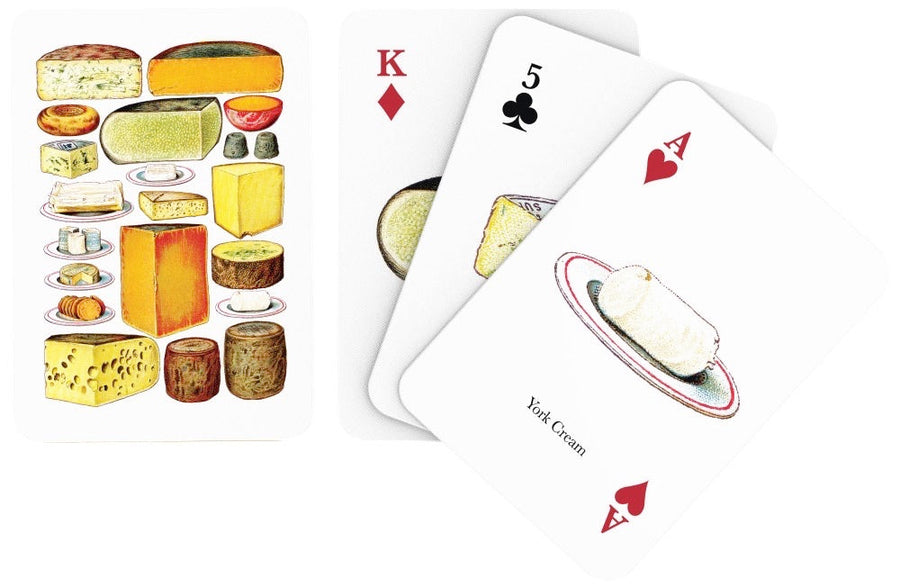 Illustrated faces and backs of cheese playing cards