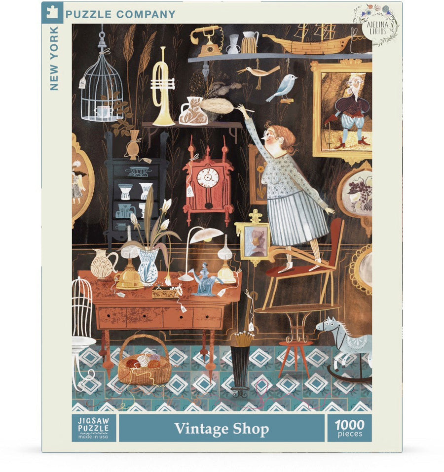 Packaging showing Vintage Shop puzzle artwork