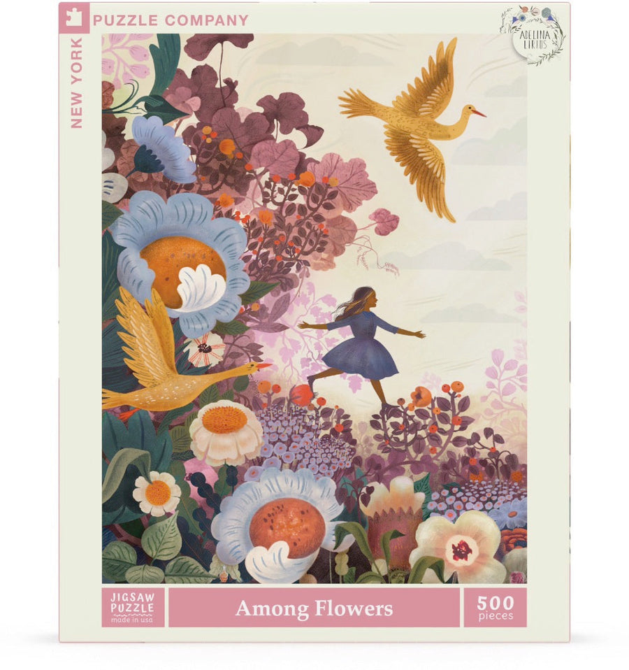 Packaging showing Among Flowers puzzle artwork