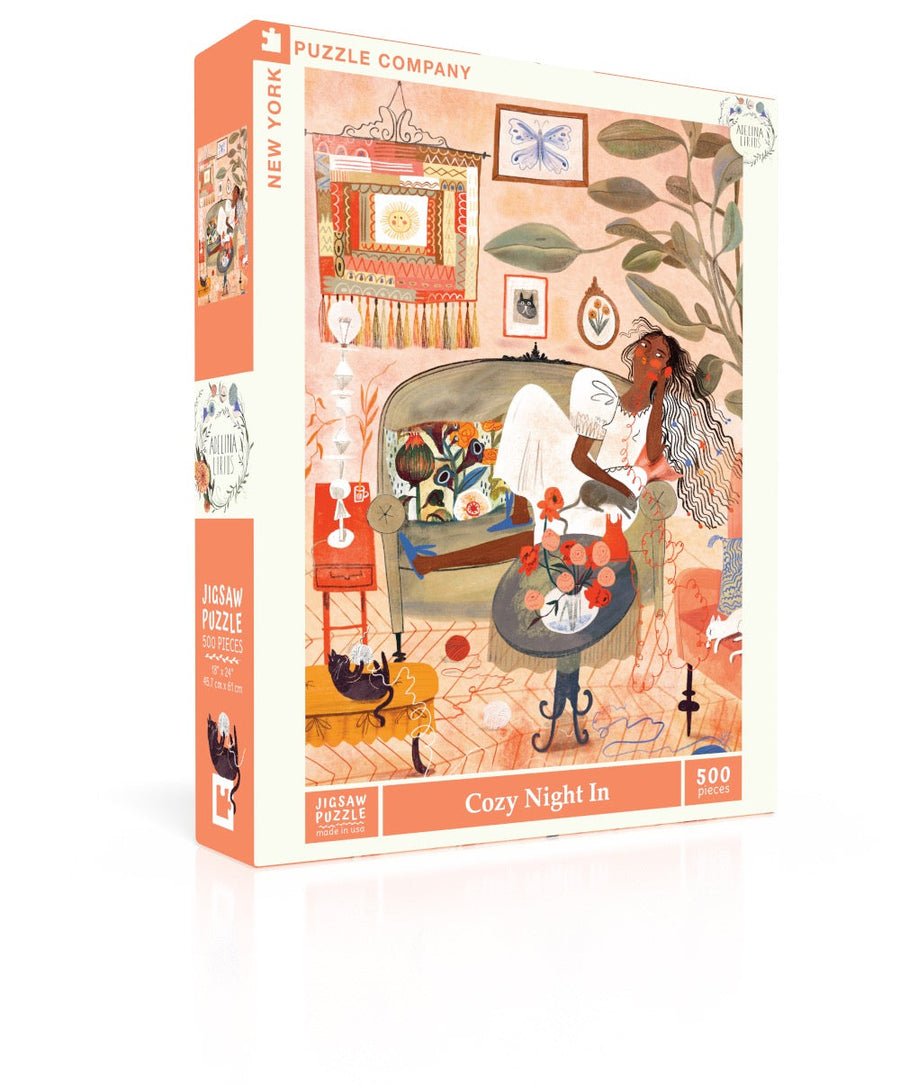 Cozy Night In puzzle box and illustrated design