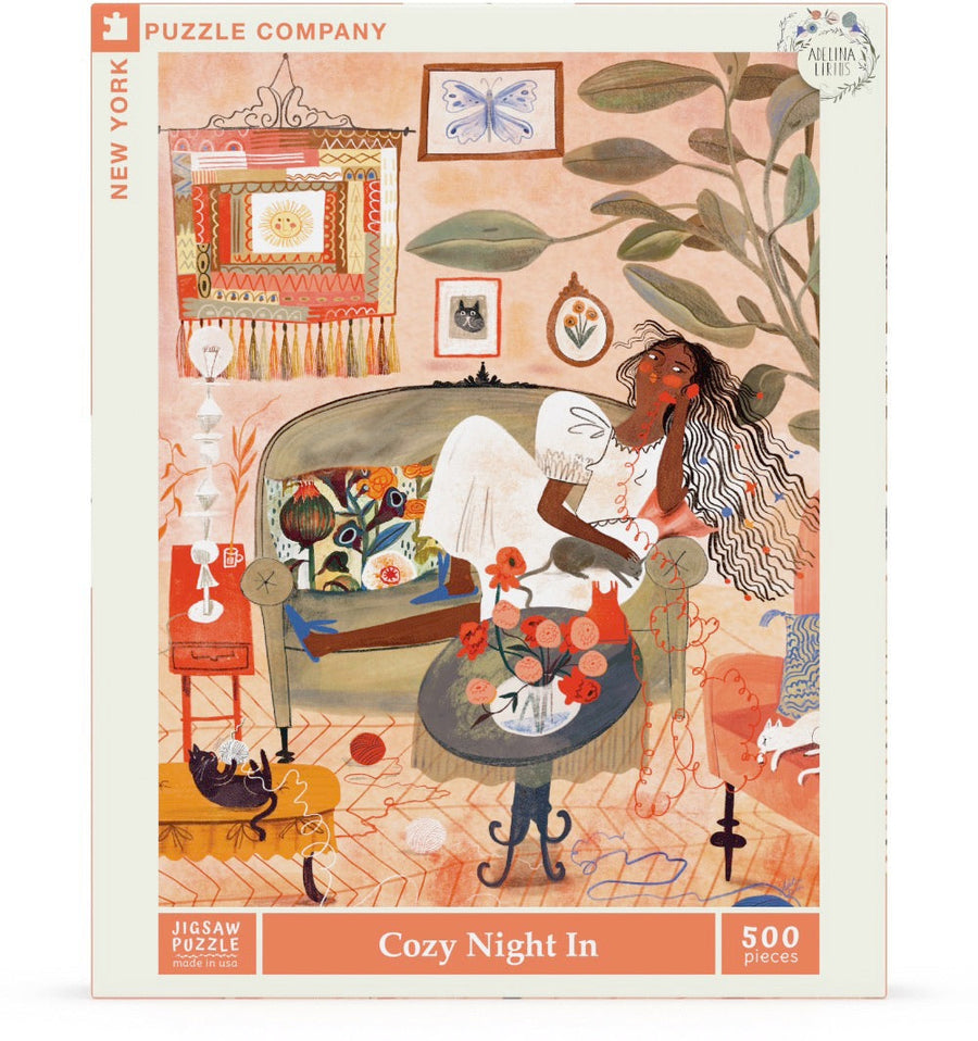 Packaging showing Cozy Night In puzzle artwork