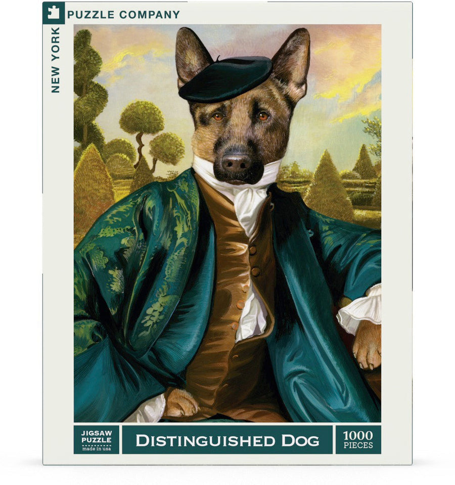 Packaging showing Distinguished Dog puzzle artwork