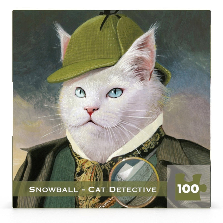 Packaging showing Snowball - Cat Detective Mini puzzle artwork