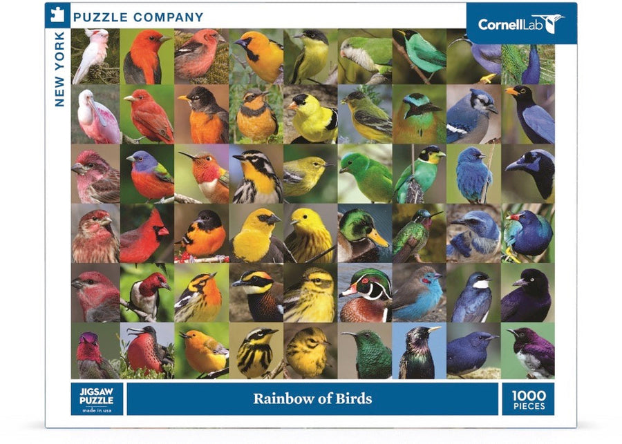 Packaging showing Rainbow of Birds puzzle artwork