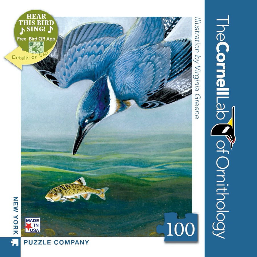 Packaging showing Belted Kingfisher Mini puzzle artwork
