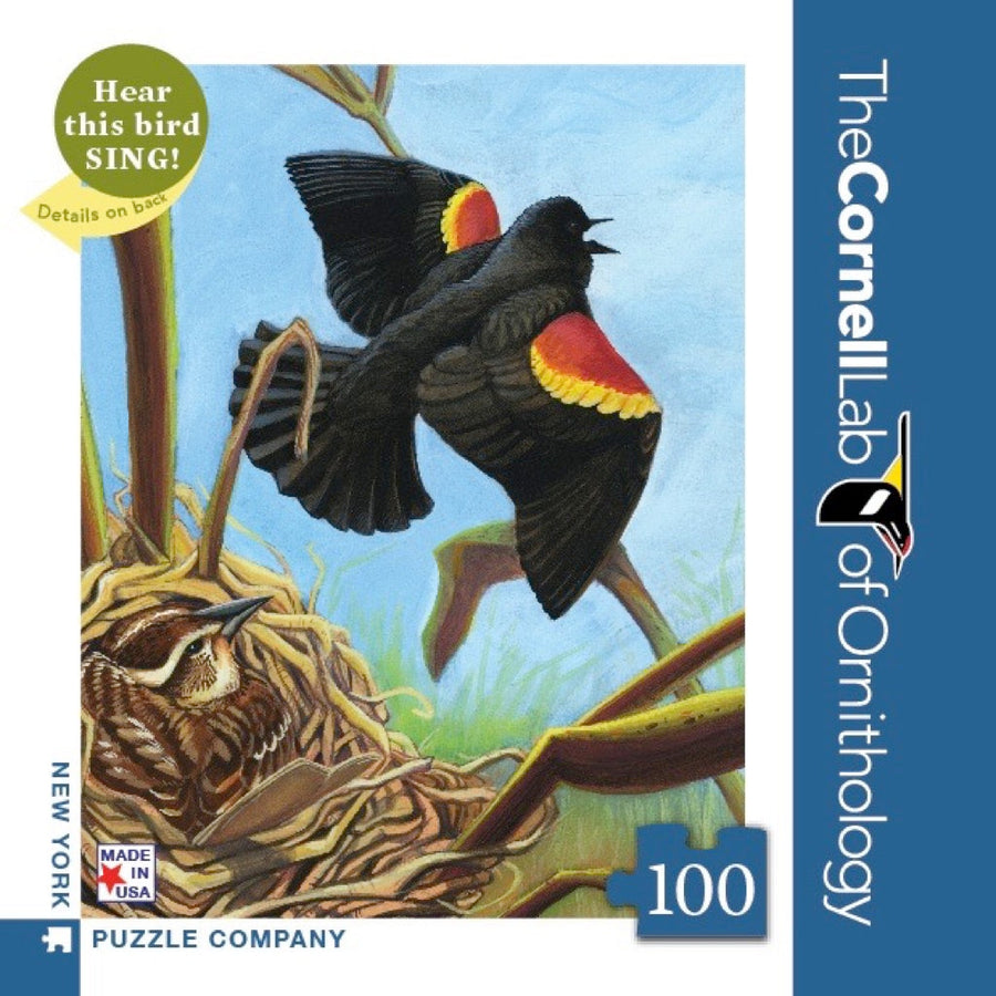 Packaging showing Red-winged Blackbird Mini puzzle artwork