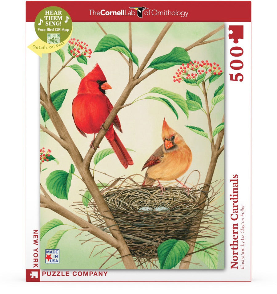 Packaging showing Northern Cardinals puzzle artwork