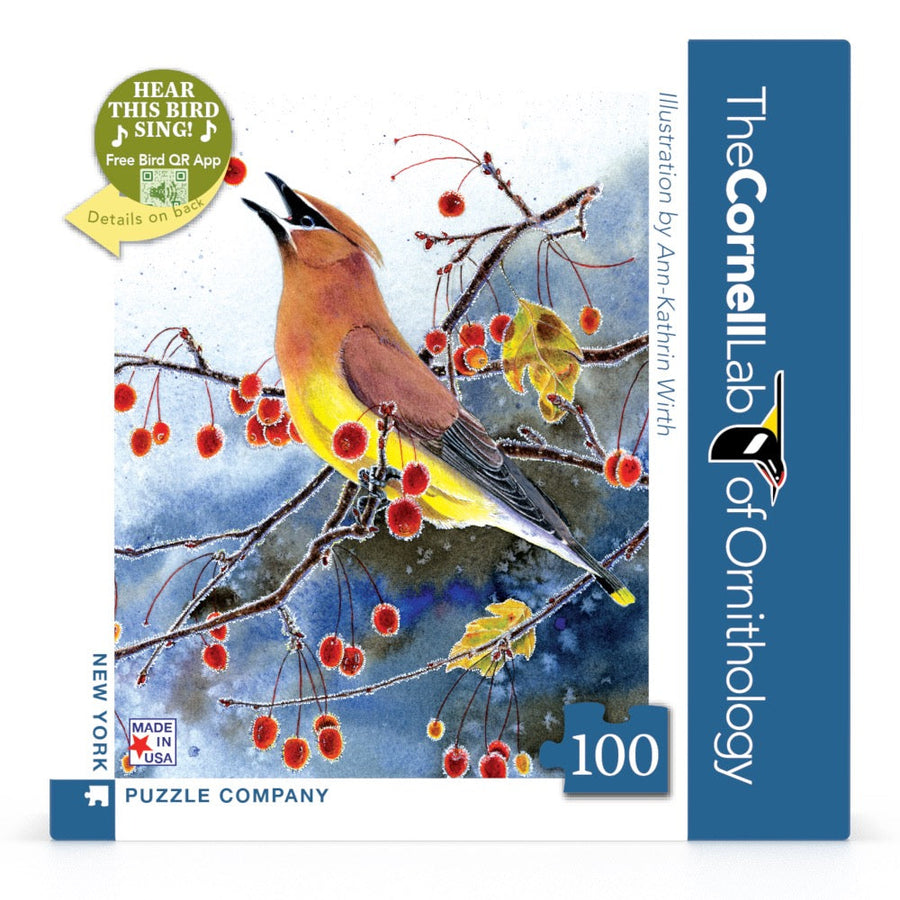 Packaging showing Cedar Waxwing Mini puzzle artwork