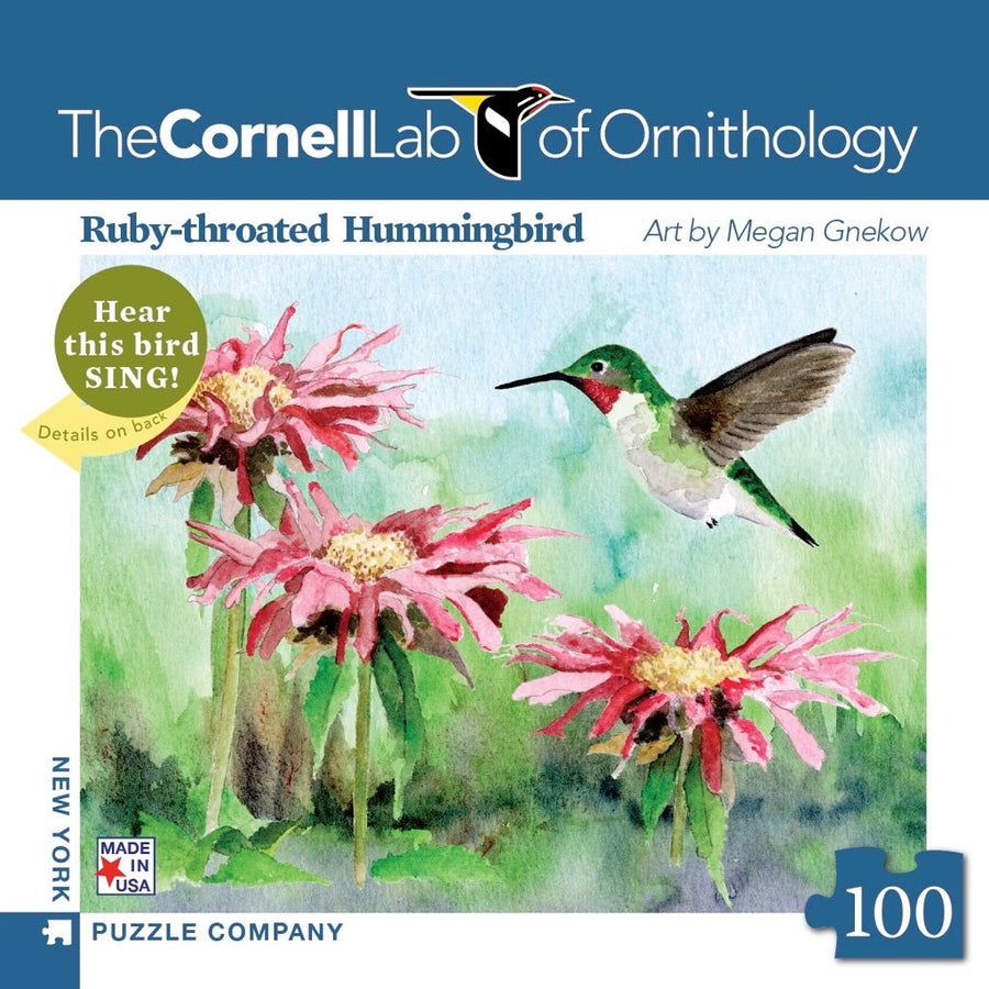 Packaging showing Ruby-throated Hummingbird Mini puzzle artwork