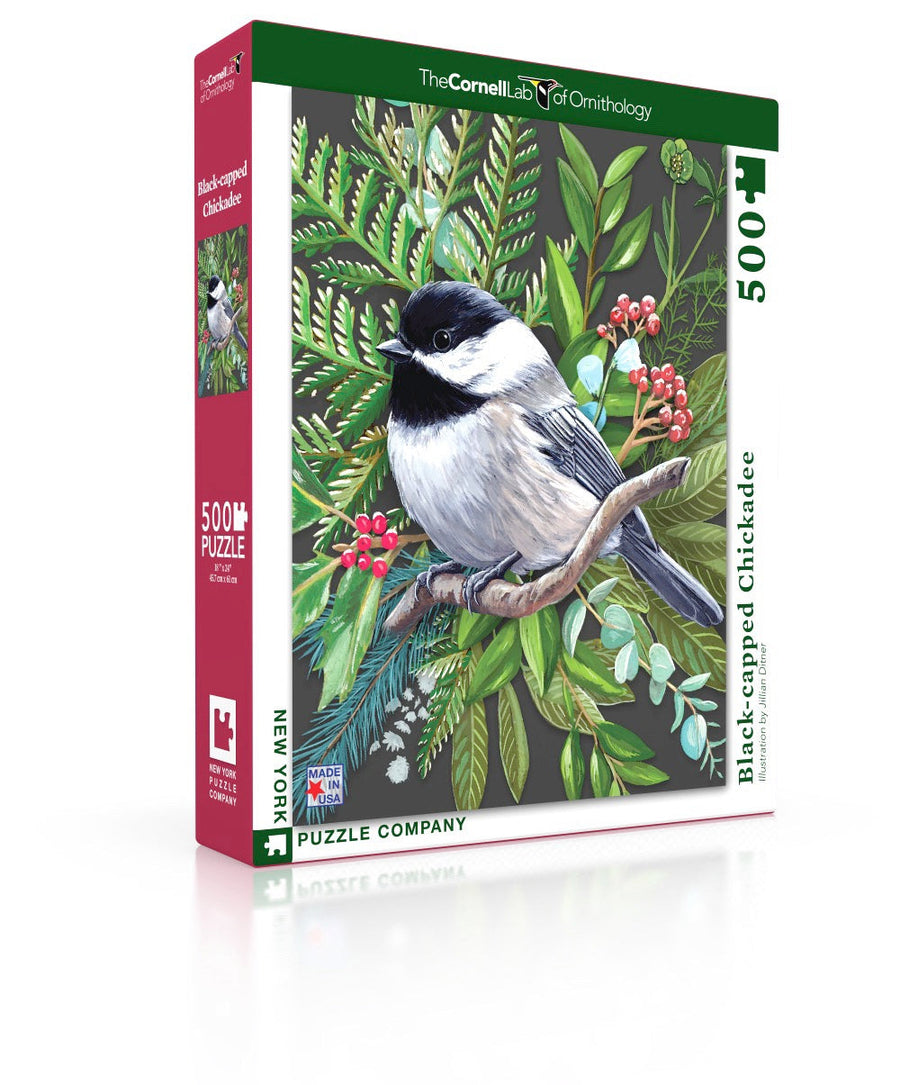 Black-capped Chickadee puzzle box and illustrated design