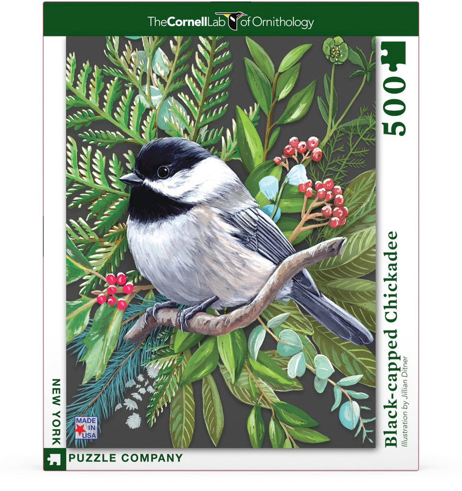 Packaging showing Black-capped Chickadee puzzle artwork
