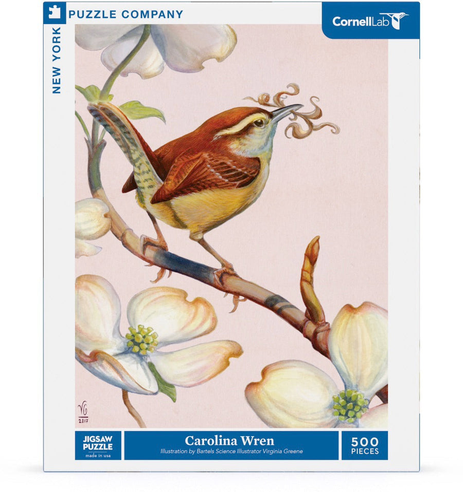Packaging showing Carolina Wren puzzle artwork