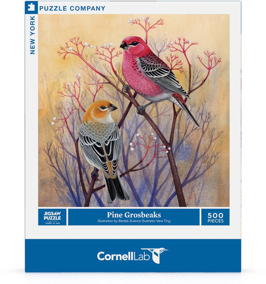 Packaging showing Pine Grosbeaks puzzle artwork