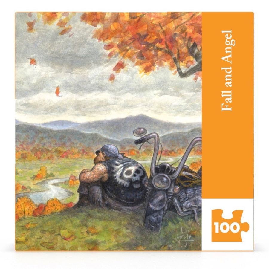 Packaging showing Fall and Angel Mini puzzle artwork